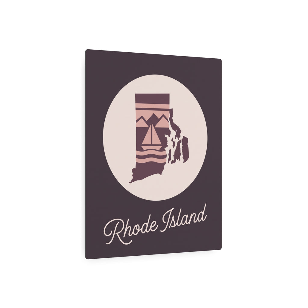 Rhode Island silhouette metal wall art sign, mauve square with beige circle and script “Rhode Island”