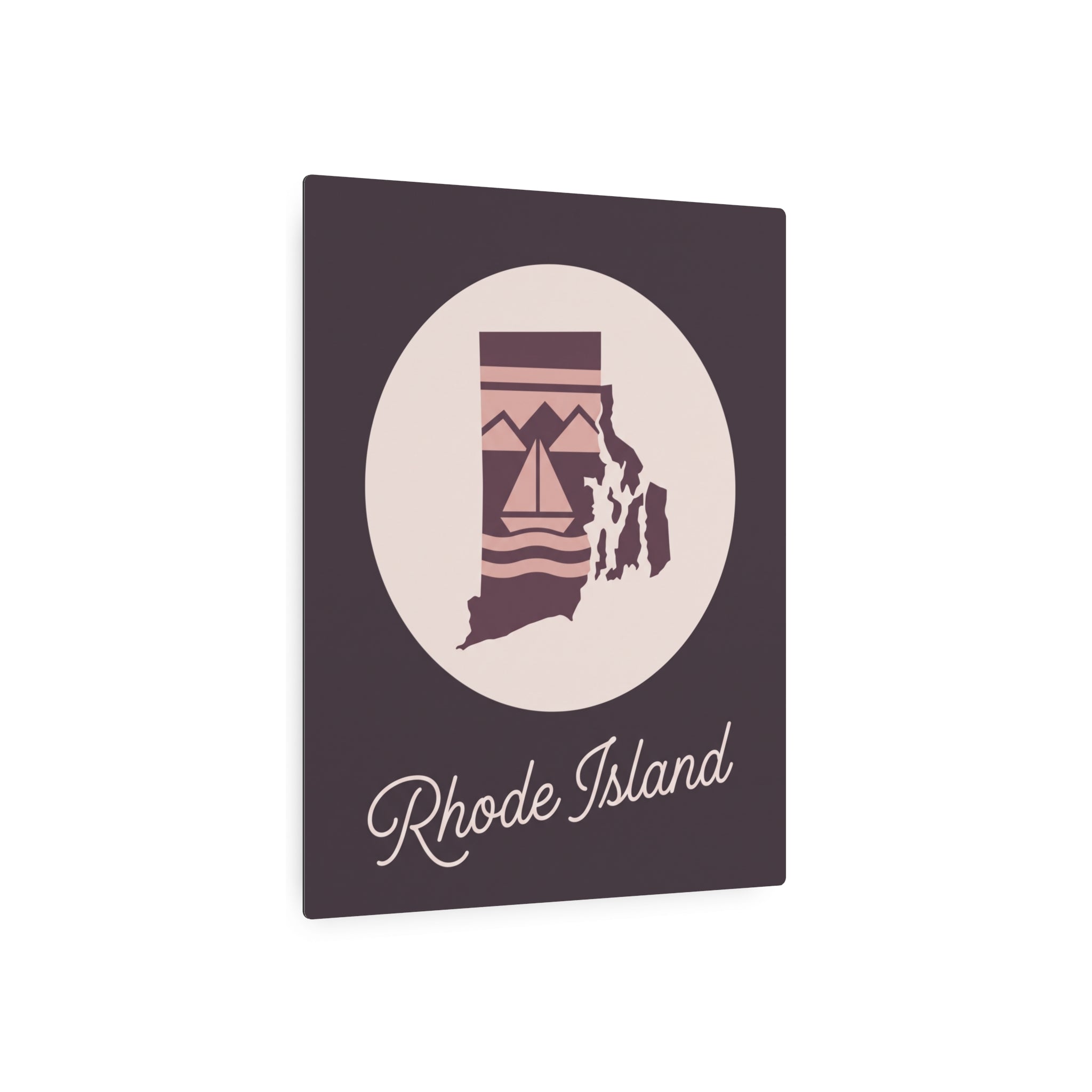 Rhode Island silhouette metal wall art sign, mauve square with beige circle and script “Rhode Island”