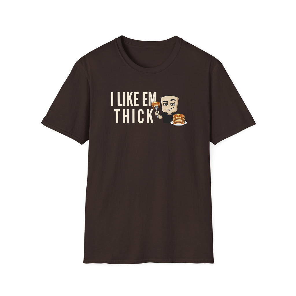 Brown T-shirt with "I LIKE EM THICK" text and cartoon holding pancakes