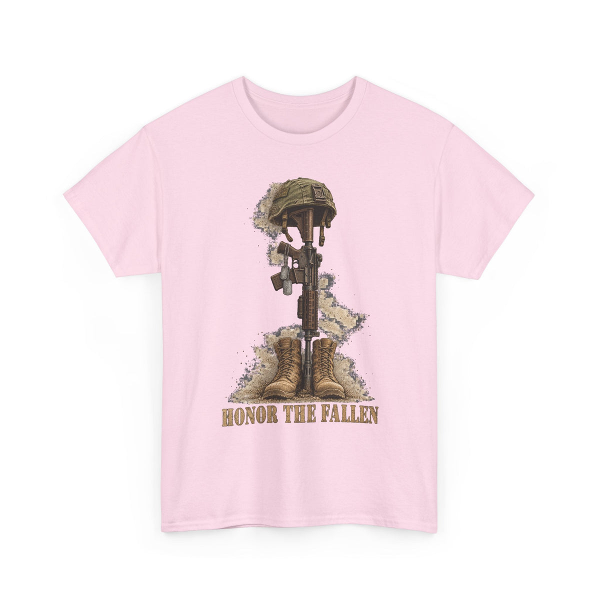 Pink short-sleeve T-shirt with camo soldier helmet and rifle graphic, “HONOR THE FALLEN”