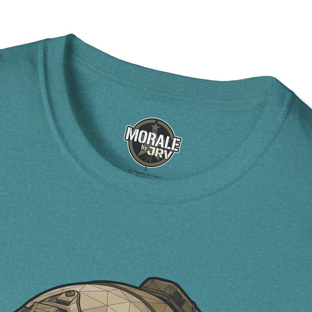 Freedom Costs T-shirt, teal close-up of back collar with Morale by DRI insignia