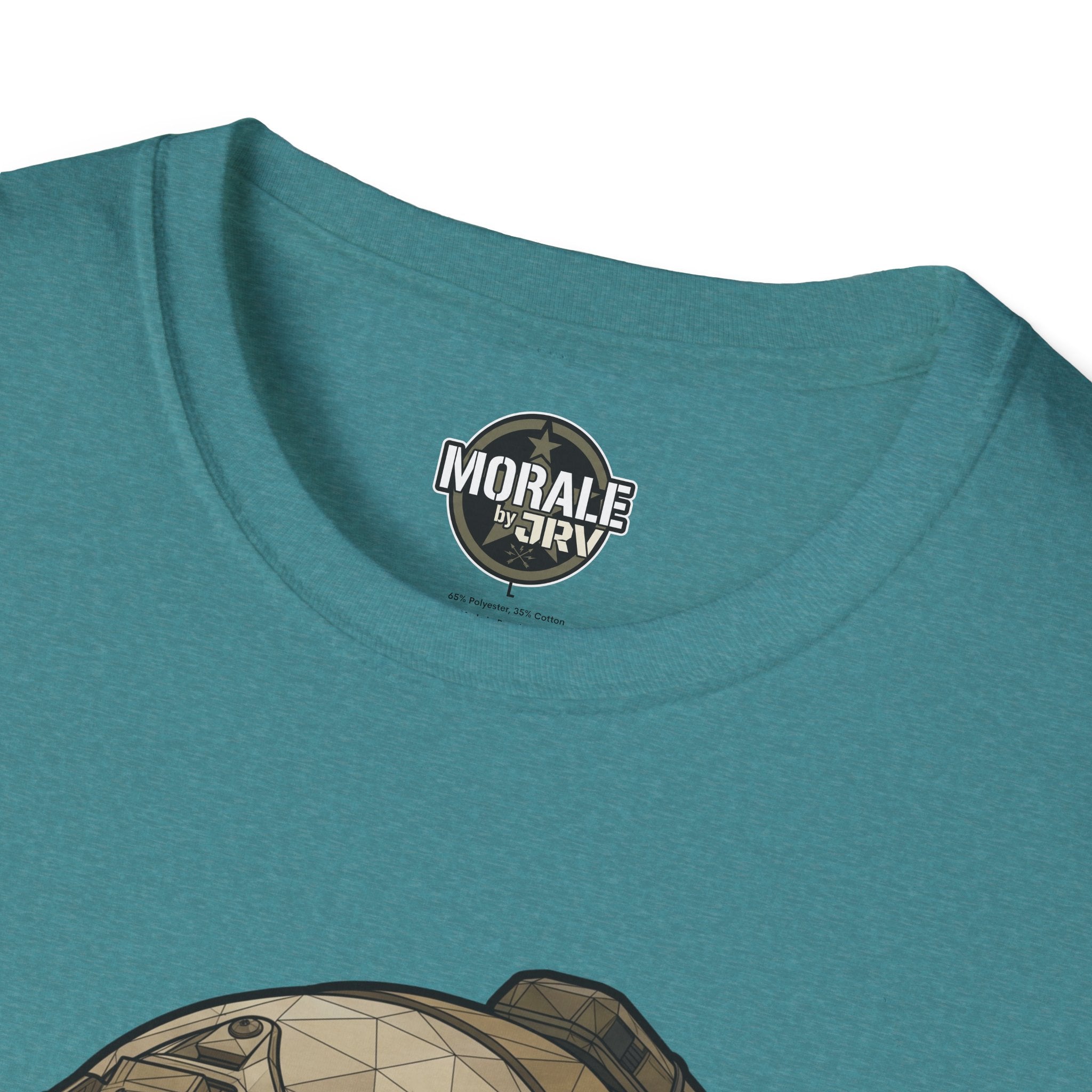 Freedom Costs T-shirt, teal close-up of back collar with Morale by DRI insignia