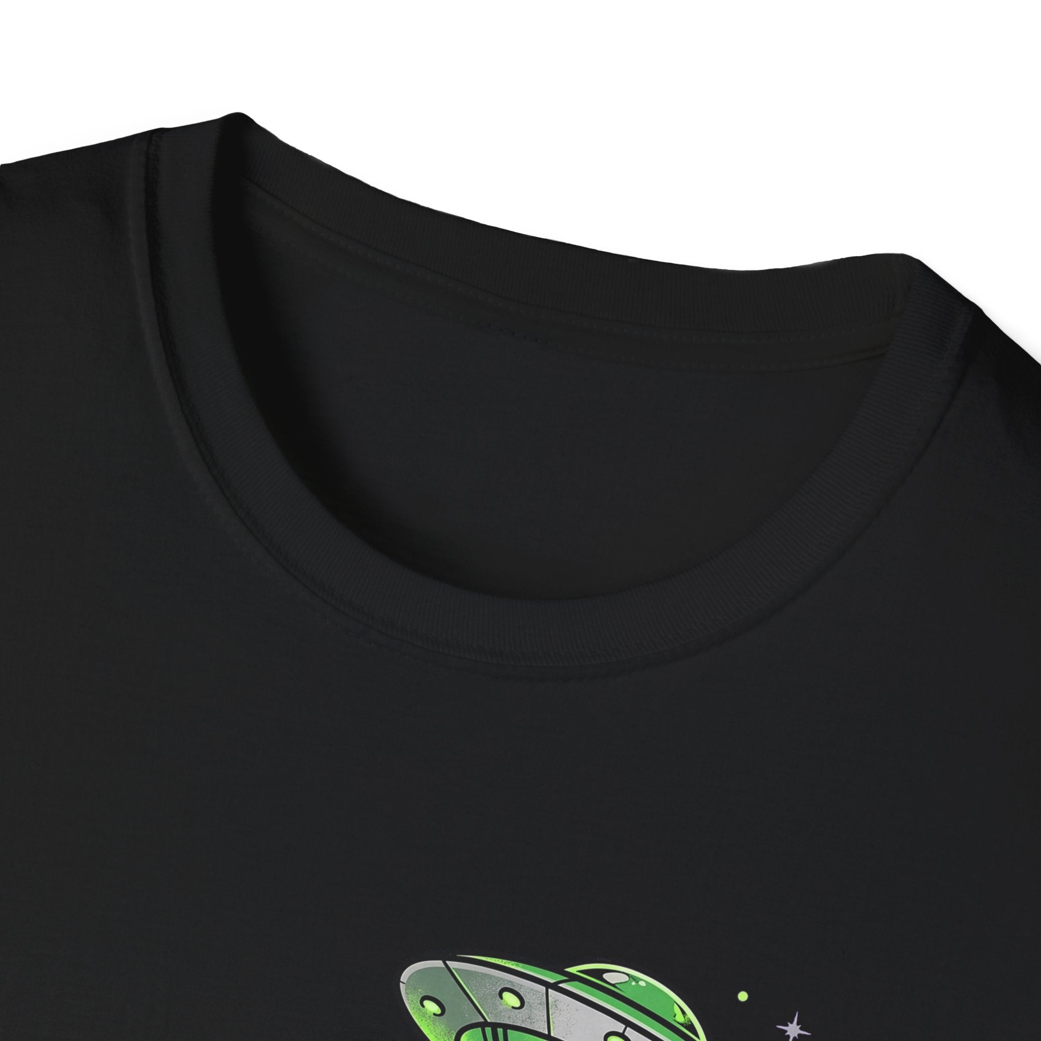 Alien & Skull T-Shirt, black crew neck, partial green UFO beam graphic at bottom