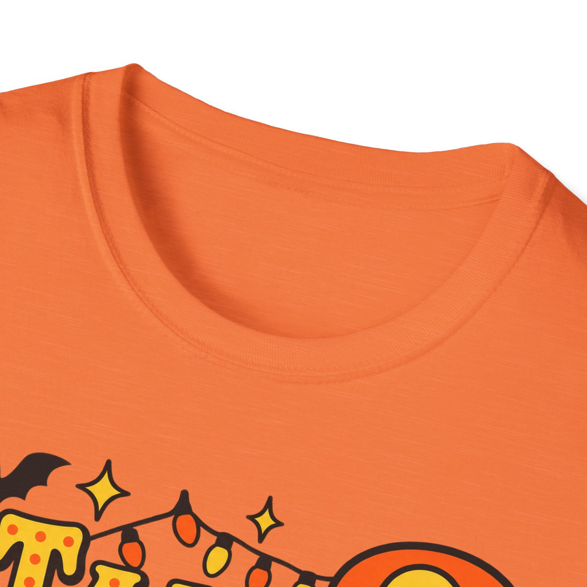 Orange Halloween T-shirt with partial ghost-and-lights graphic across the chest