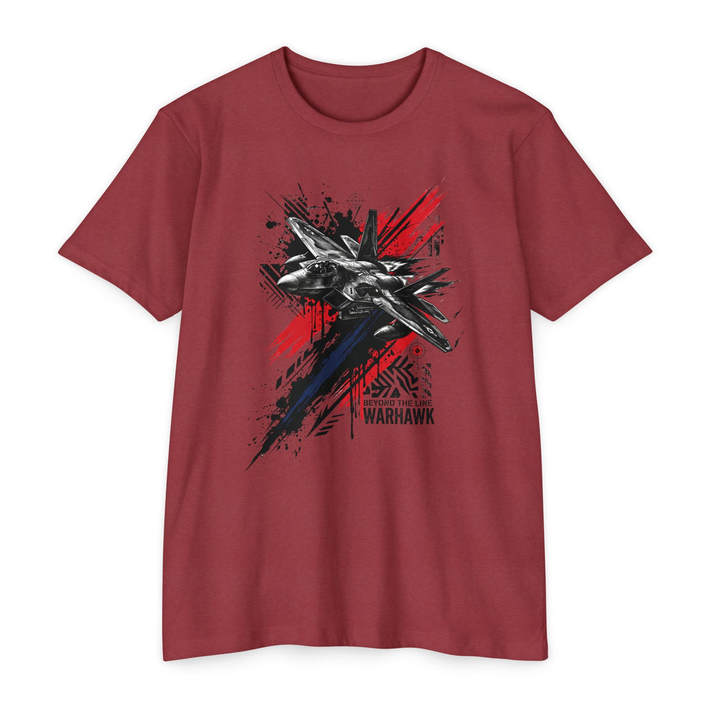 Men's graphic t-shirt in maroon with front jet silhouette and red splatter design