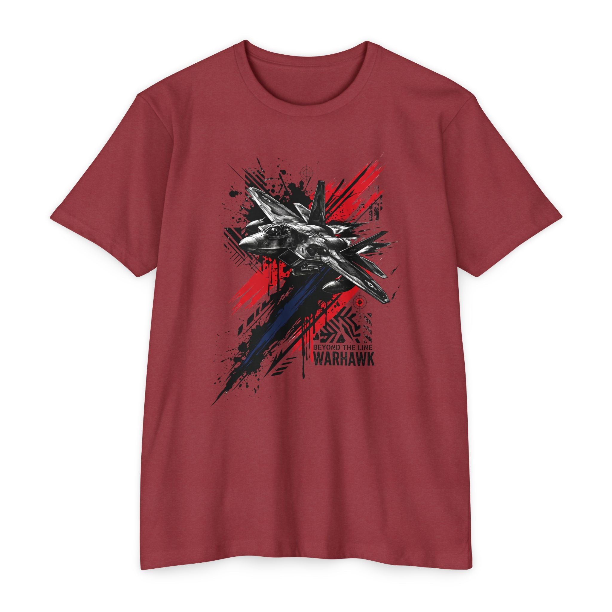 Men's graphic t-shirt in maroon with front jet silhouette and red splatter design