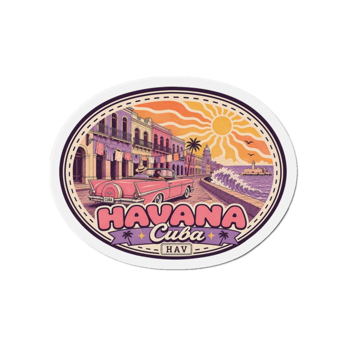Round die-cut Havana magnet with sunset sky, palm tree, red car, and “Havana Cuba”.