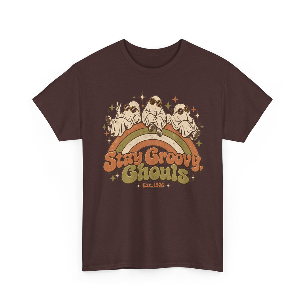 Stay Groovy Ghouls T-Shirt, Retro Rainbow Ghosts in Sunglasses Halloween Shirt for Women and Men, Cute 70s Spooky Tee