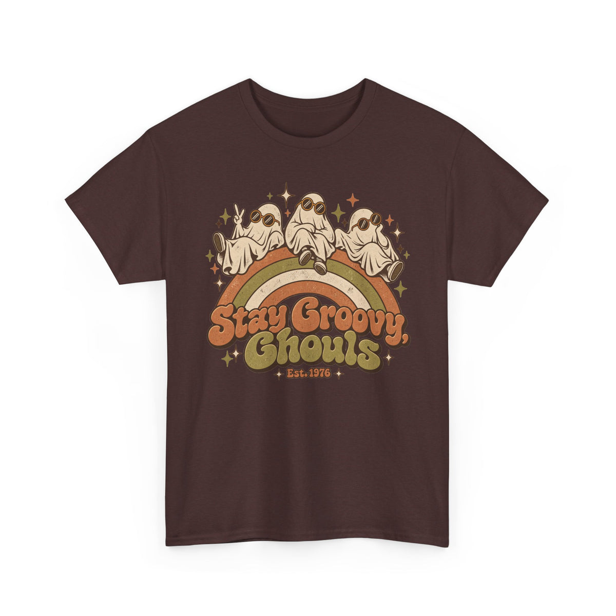 Stay Groovy Ghouls T-Shirt, Retro Rainbow Ghosts in Sunglasses Halloween Shirt for Women and Men, Cute 70s Spooky Tee