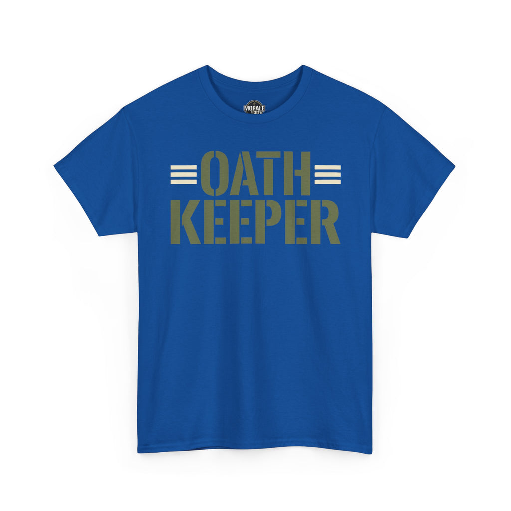 Royal blue Oath Keeper t-shirt with large front text graphic