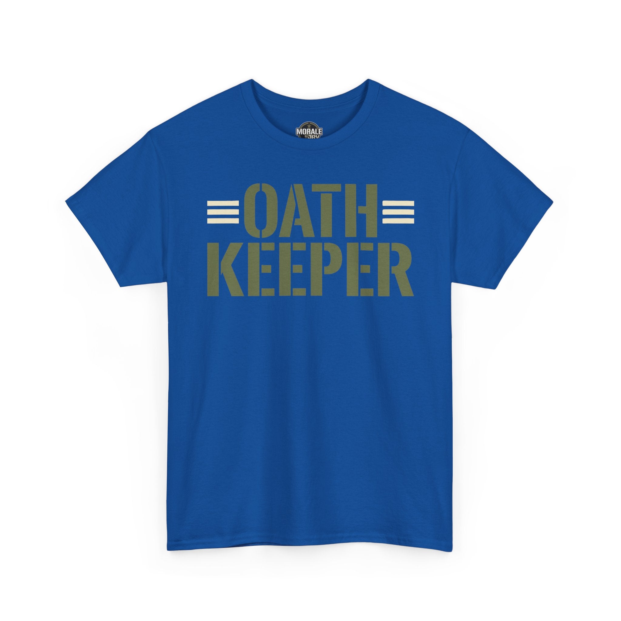Royal blue Oath Keeper t-shirt with large front text graphic