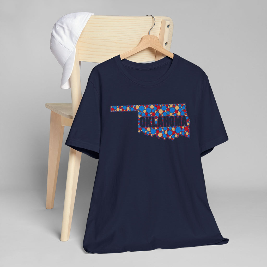 Navy crew-neck t-shirt with multicolor Oklahoma floral map graphic