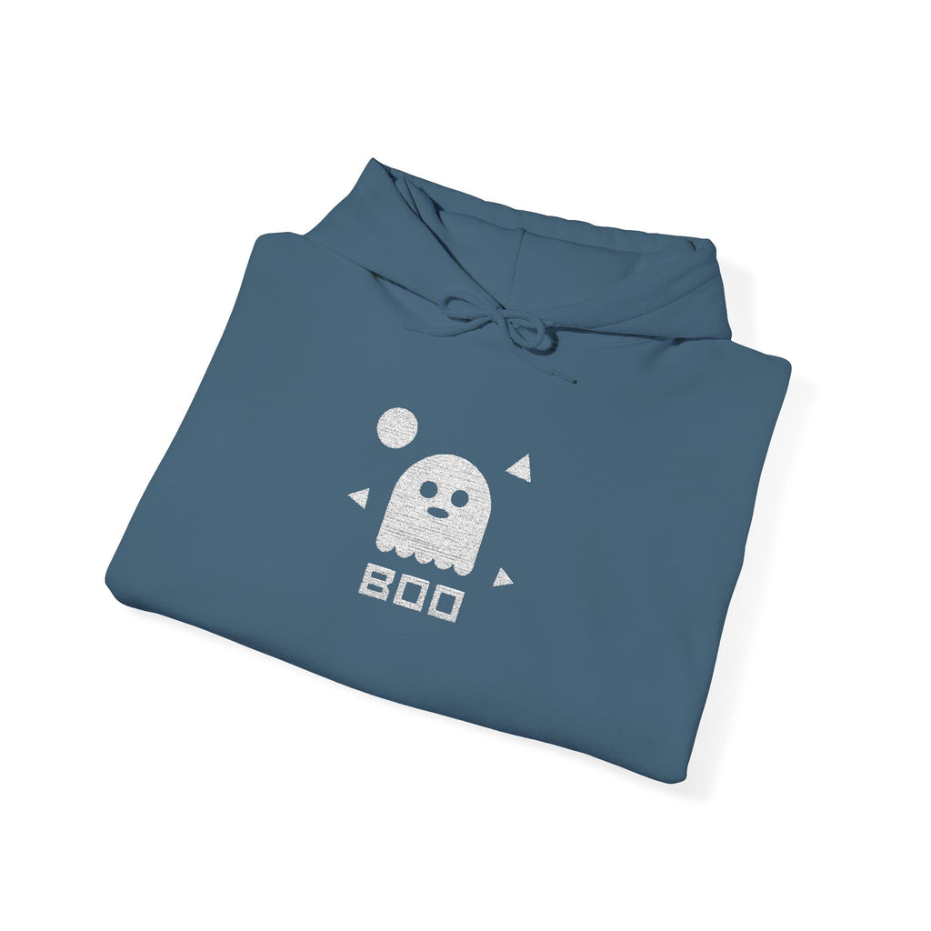 Blue hoodie with ghost graphic on chest, kangaroo pocket, drawstring hood