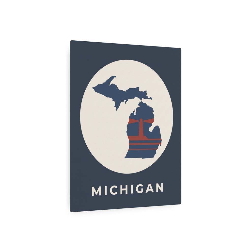Michigan metal wall art sign in dark blue with circular Michigan map and MICHIGAN text