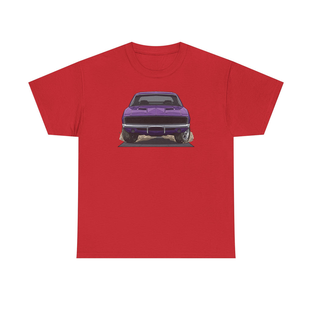 Red T-shirt with purple retro muscle car graphic on the front
