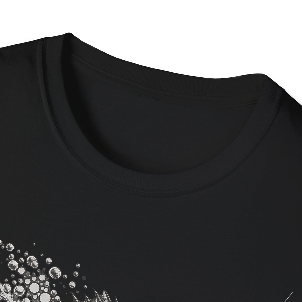 Black fishing walleye graphic T-shirt, crew neck; partial fish-and-bubbles print