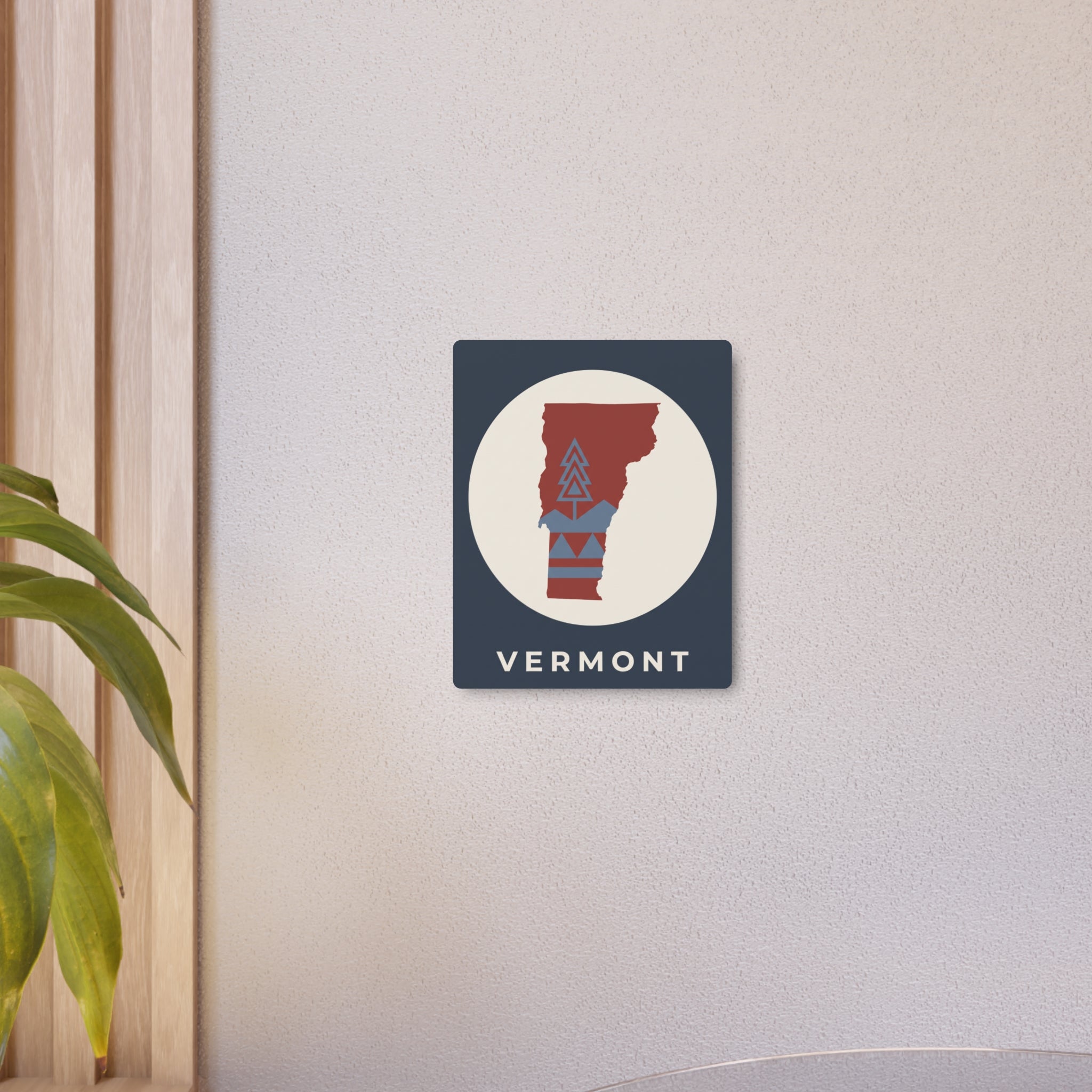 Vermont metal art sign, dark blue square with white circle and red state silhouette, VERMONT