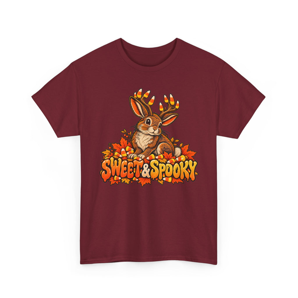 Halloween jackalope T-shirt, maroon with candy corn antler bunny graphic and text