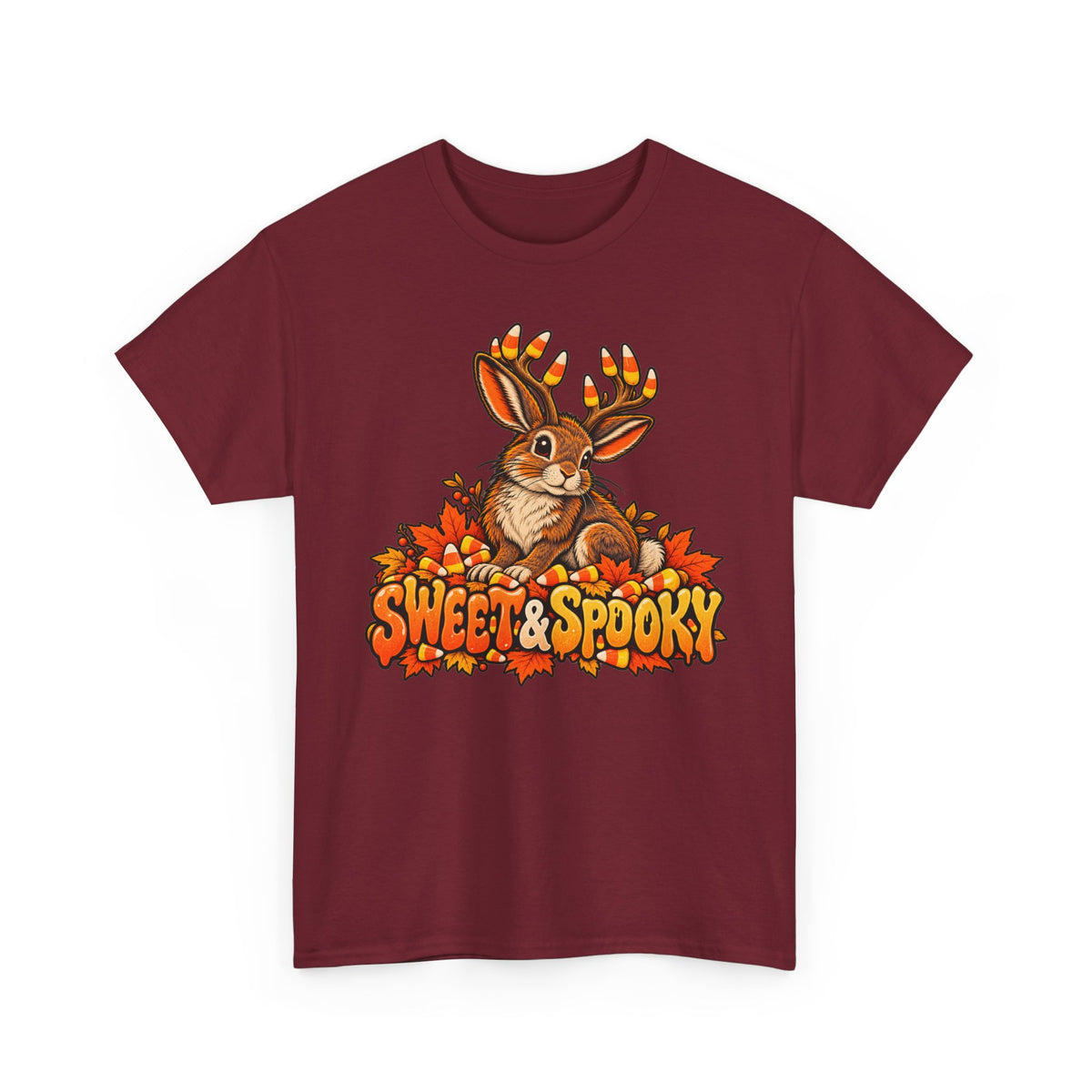 Halloween jackalope T-shirt, maroon with candy corn antler bunny graphic and text