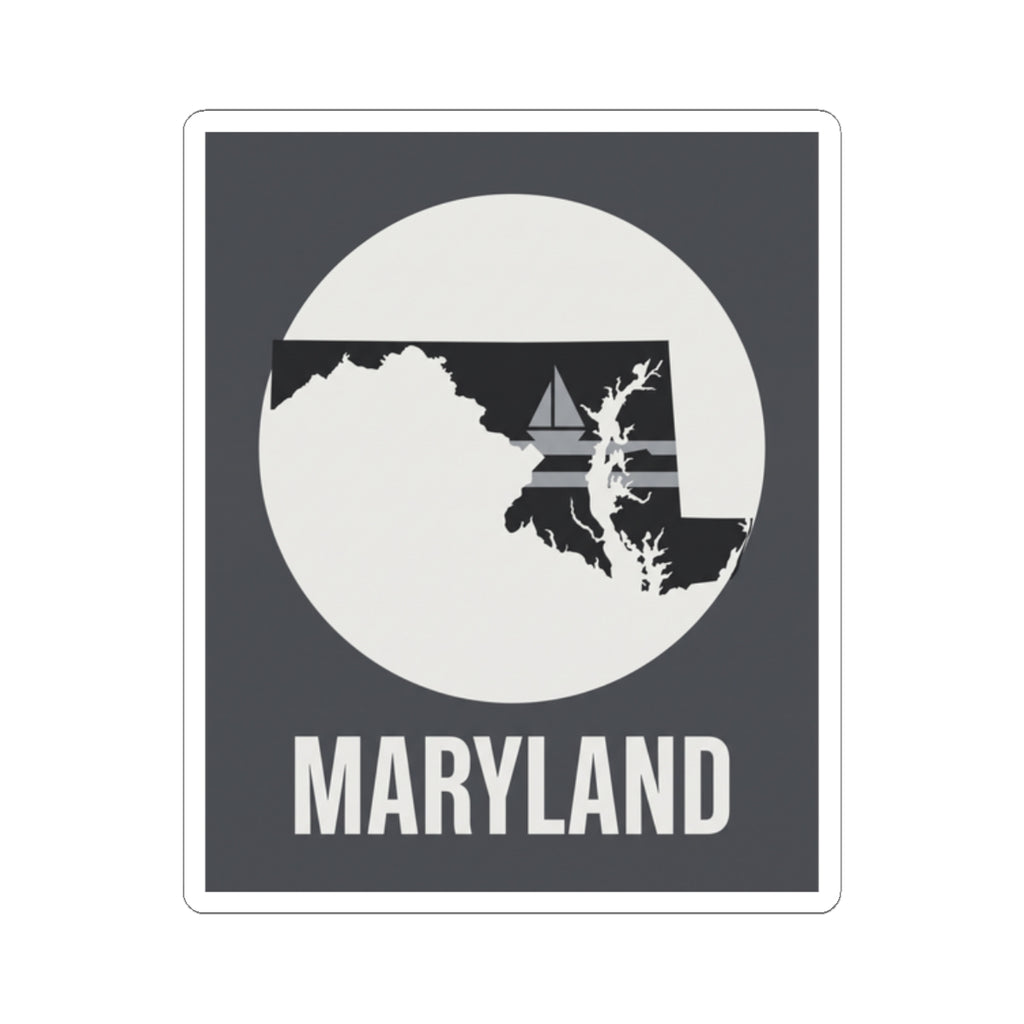 Kiss-cut Maryland map sticker with white circle, dark silhouette, and “MARYLAND” lettering