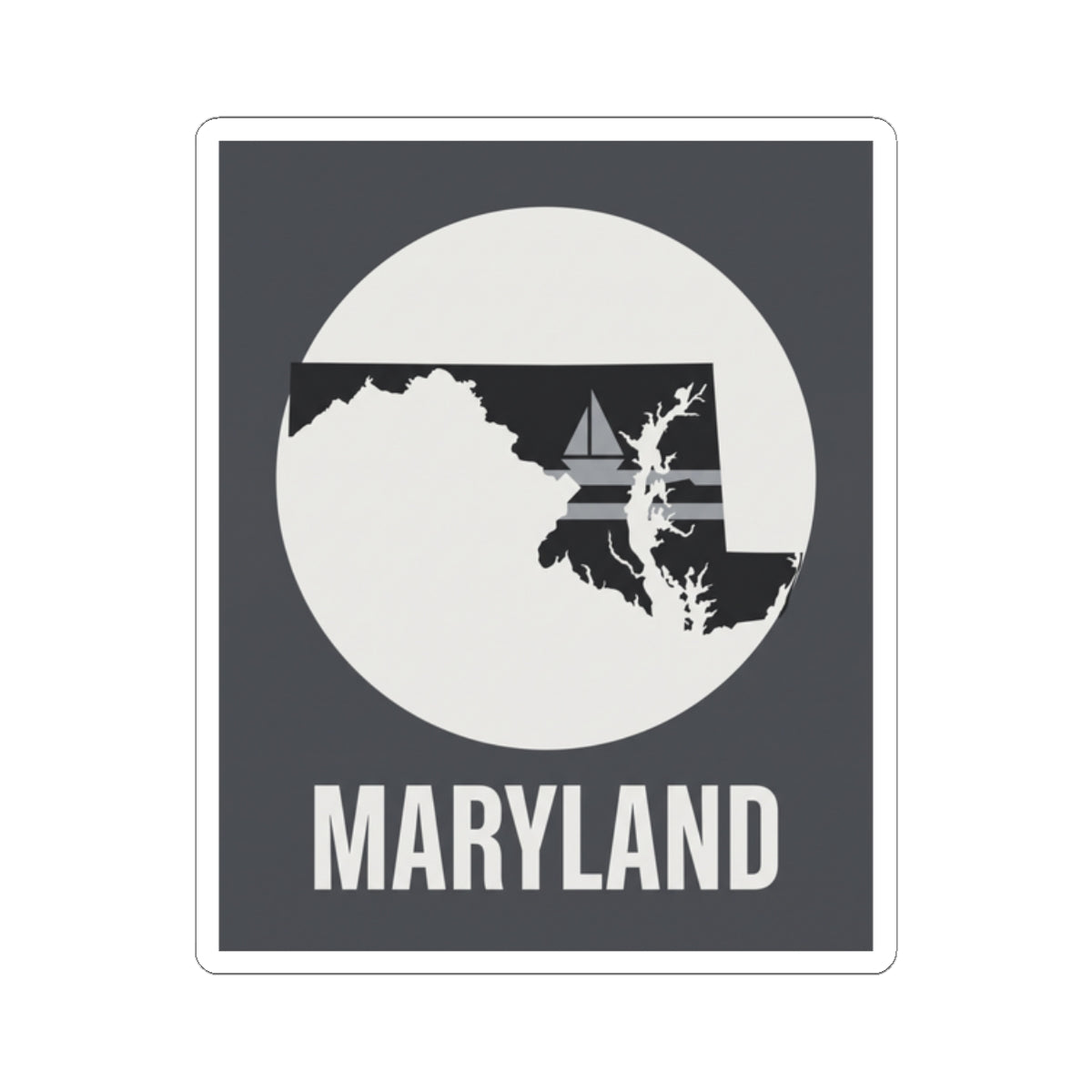 Kiss-cut Maryland map sticker with white circle, dark silhouette, and “MARYLAND” lettering