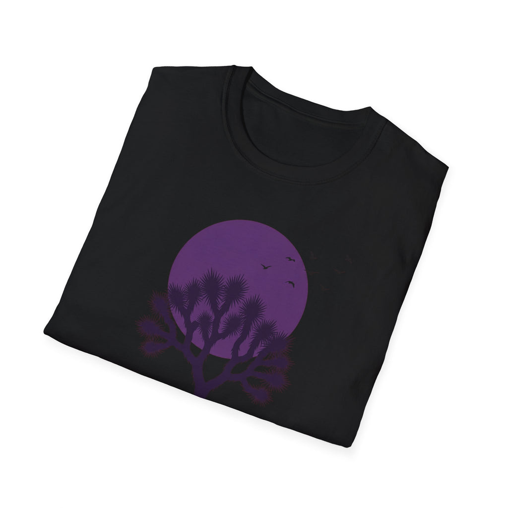 Black crew-neck T-shirt with large purple moon and Joshua tree silhouette