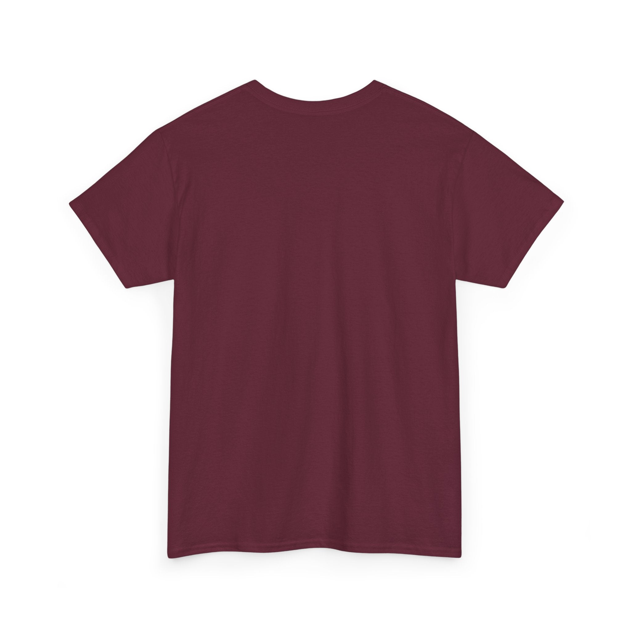 Maroon T-shirt with crew neck, short sleeves.