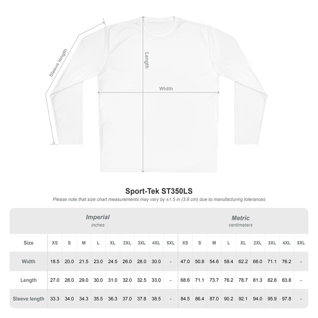 Long-sleeve tee size chart diagram with width and length measurements
