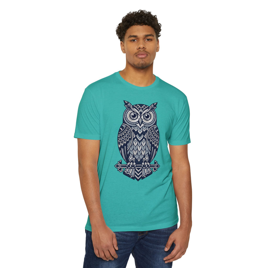 Teal green unisex T-shirt with blue owl graphic centered