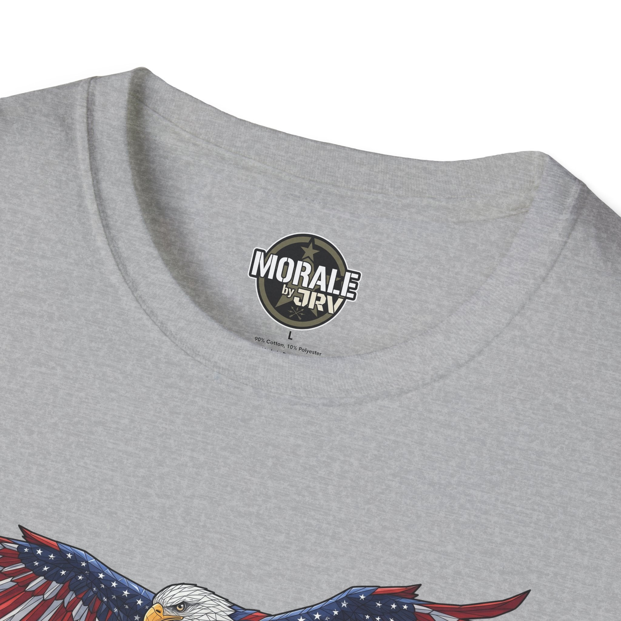 Heather gray T-shirt neckline with small circular brand logo