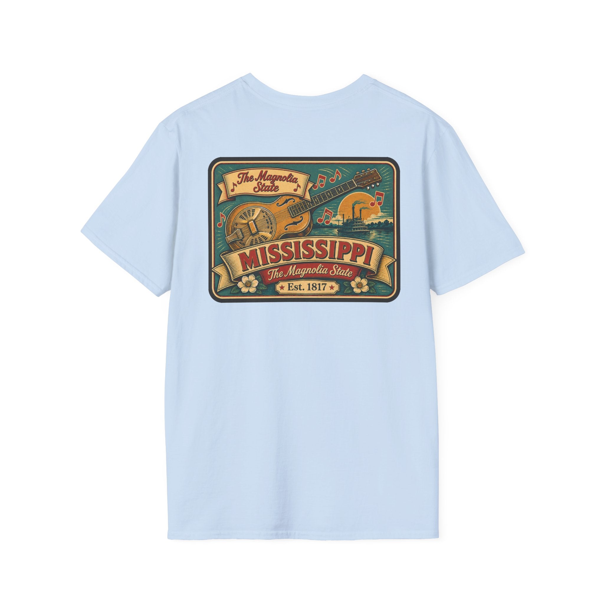 Light blue Mississippi Riverboat T-shirt with colorful Mississippi front graphic