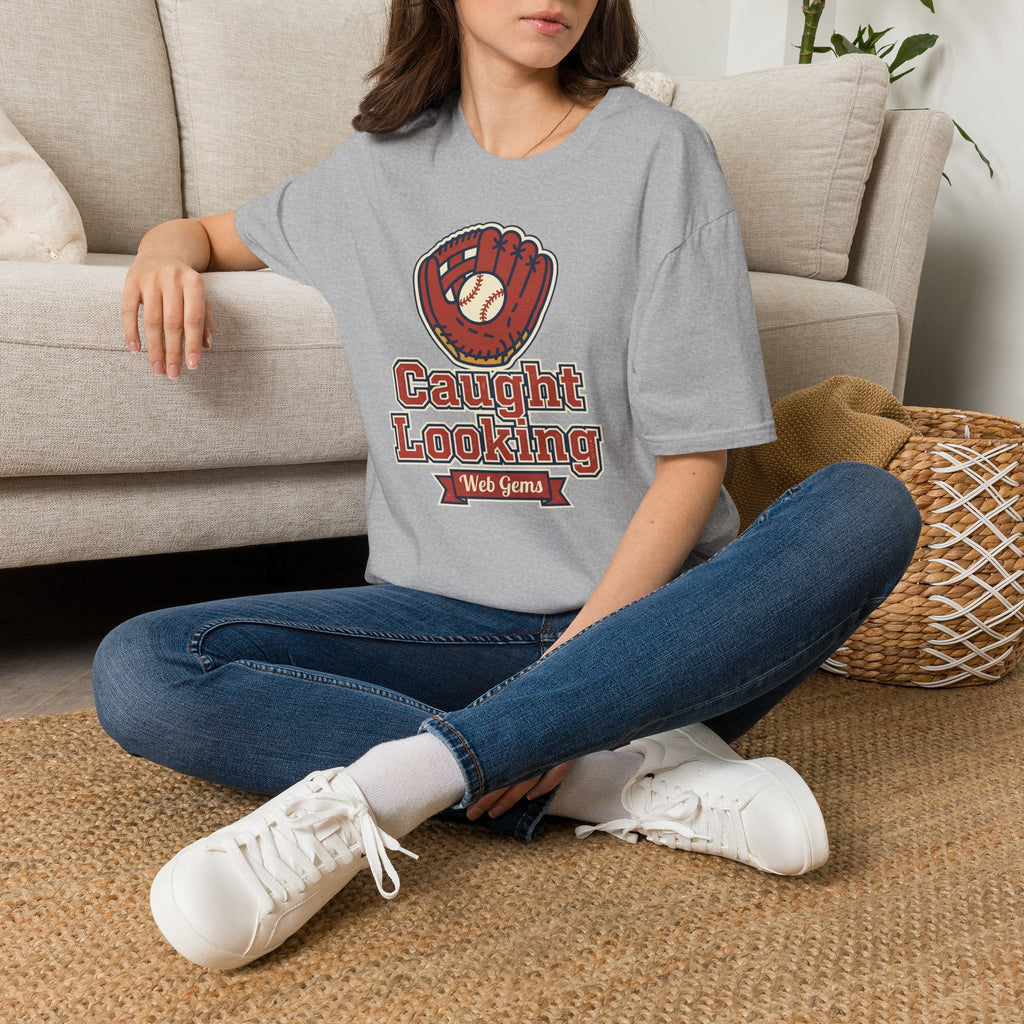 Light gray baseball t-shirt with vintage glove “Caught Looking” graphic on chest