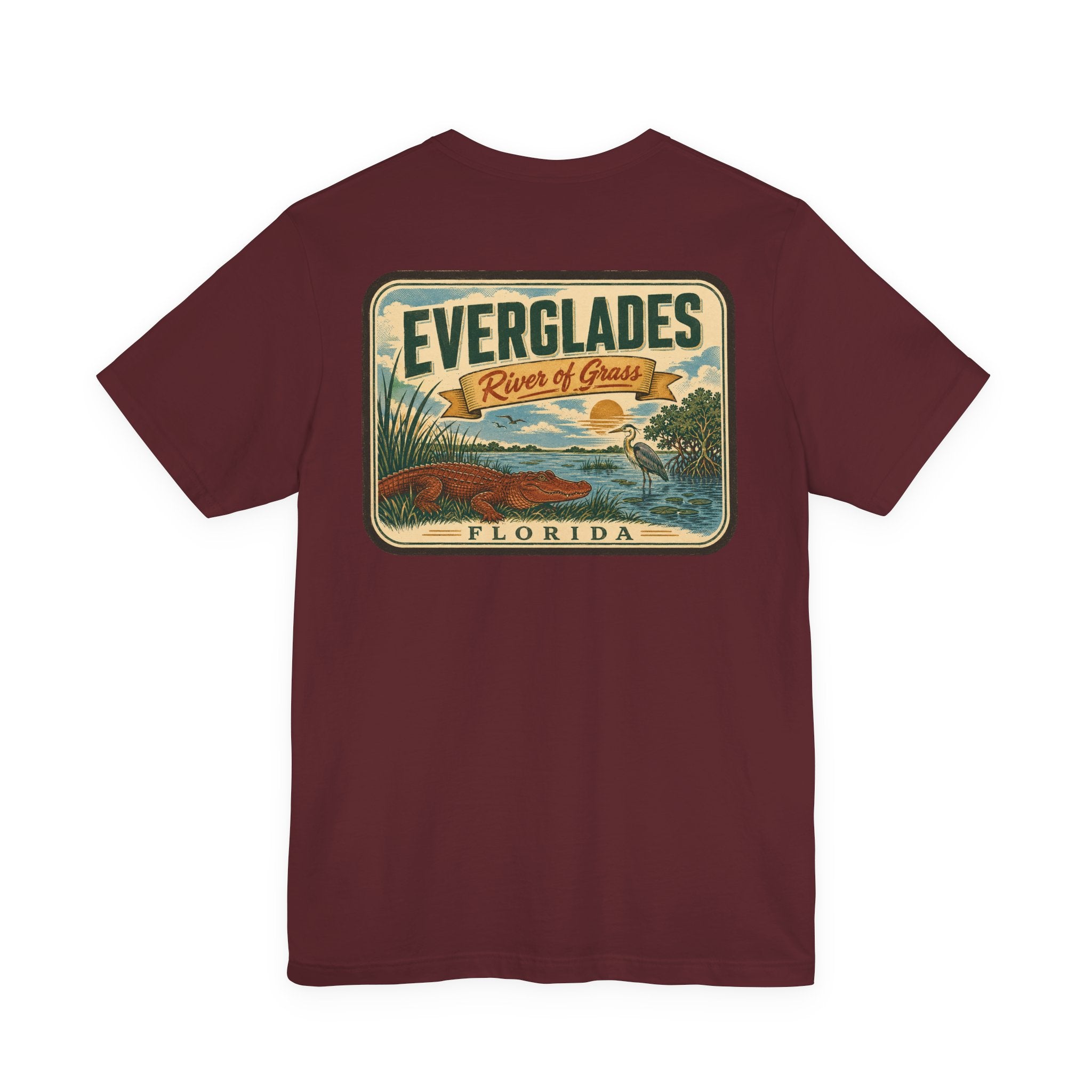 Everglades graphic T-shirt in maroon with centered rectangular River of Grass scenic print