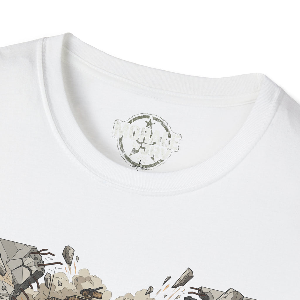 White crew-neck T-shirt with small “MORALE” logo patch near collar