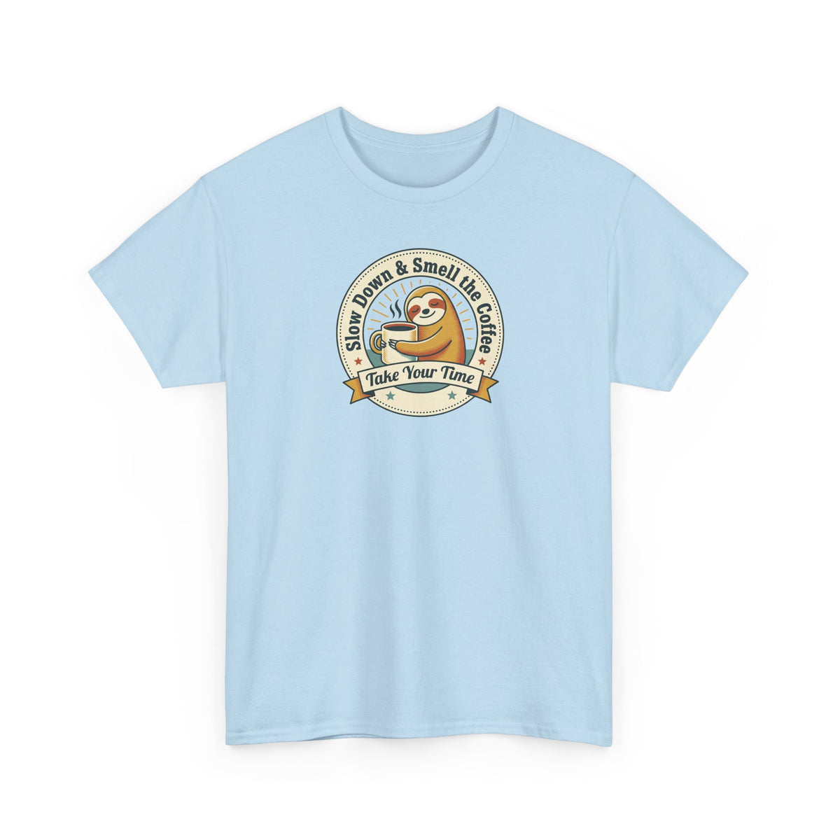 Light blue sloth graphic T-shirt with front badge print