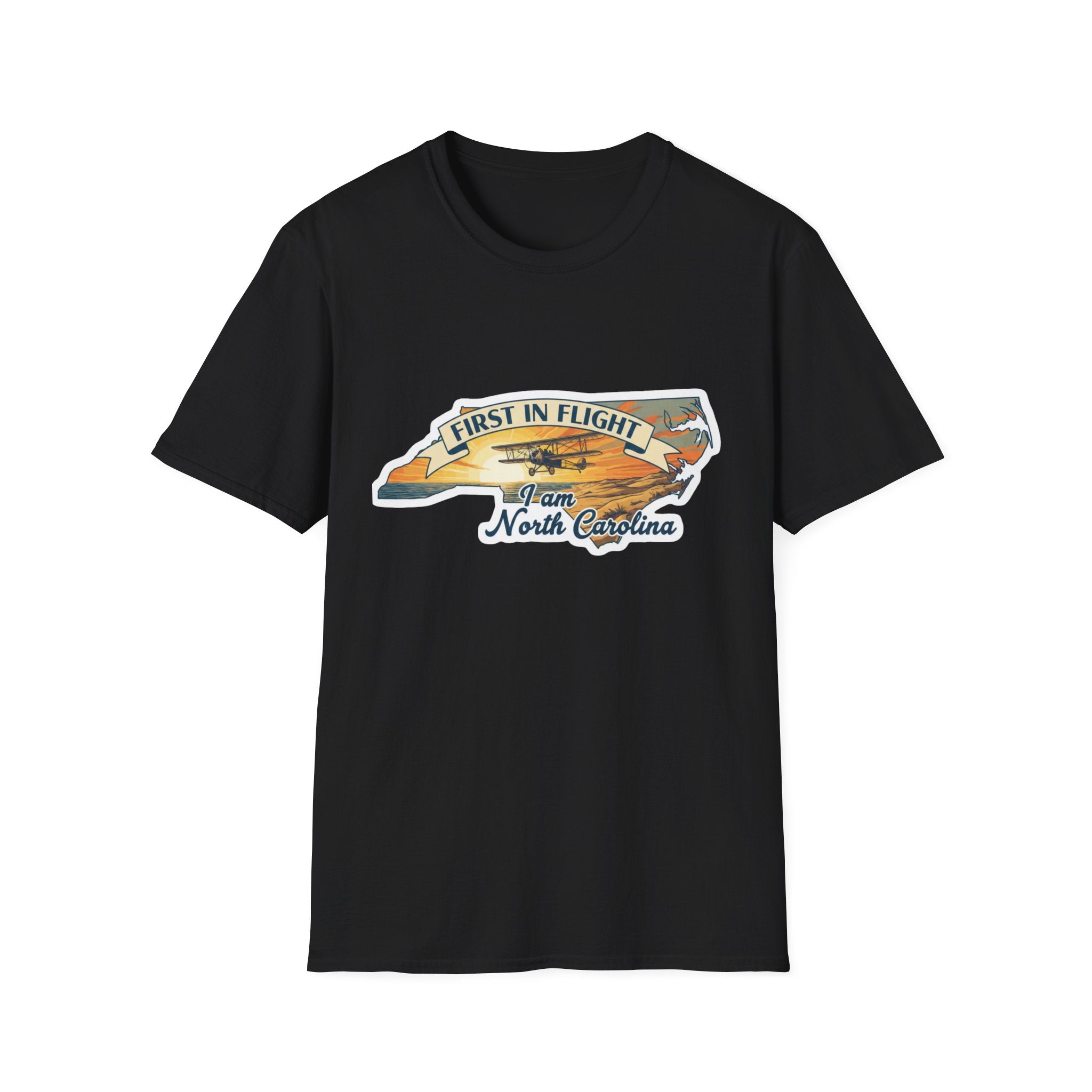 North Carolina T-shirt in black, “First in Flight” plane and state outline chest print