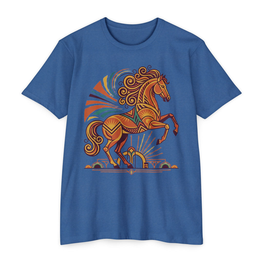 Blue t-shirt with prancing horse graphic in orange and multicolor swirl rays.