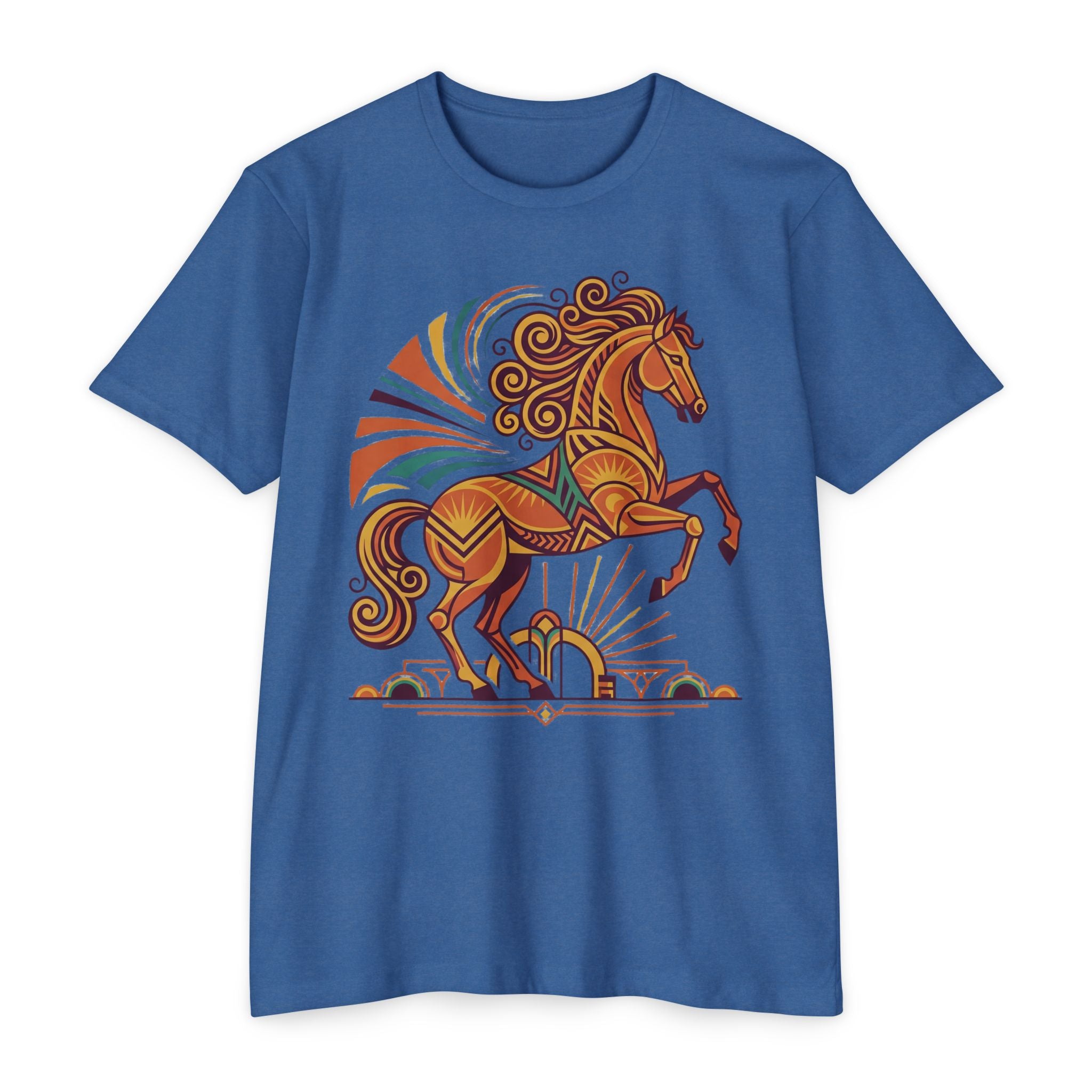 Blue t-shirt with prancing horse graphic in orange and multicolor swirl rays.