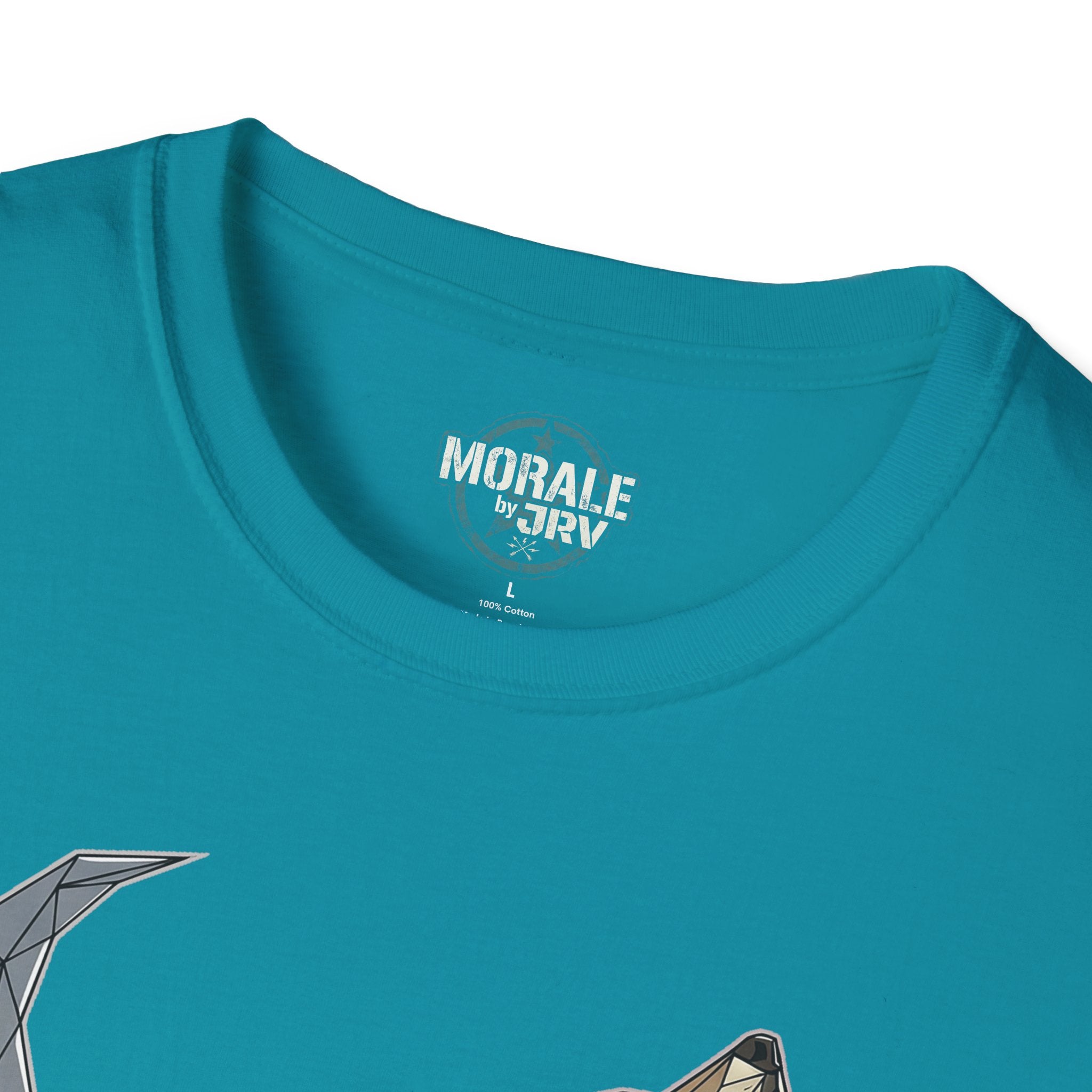 Teal blue T-shirt with neckline logo, crew neck; wolf moon graphic partly visible