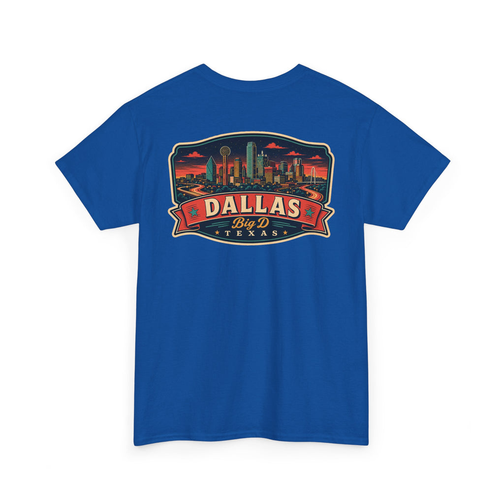 Royal blue crewneck T-shirt with Dallas skyline luggage tag graphic on chest