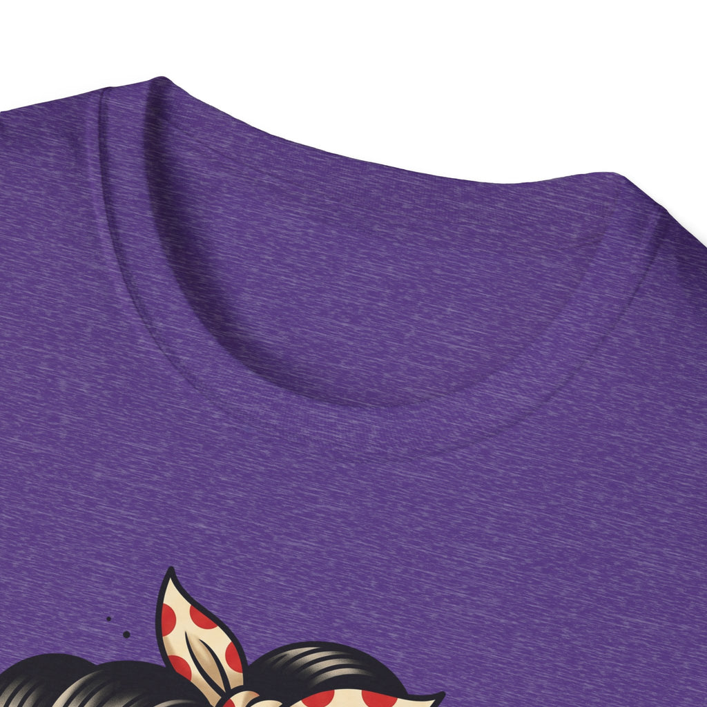 Heather purple t-shirt neckline with partial sugar skull pinup artwork