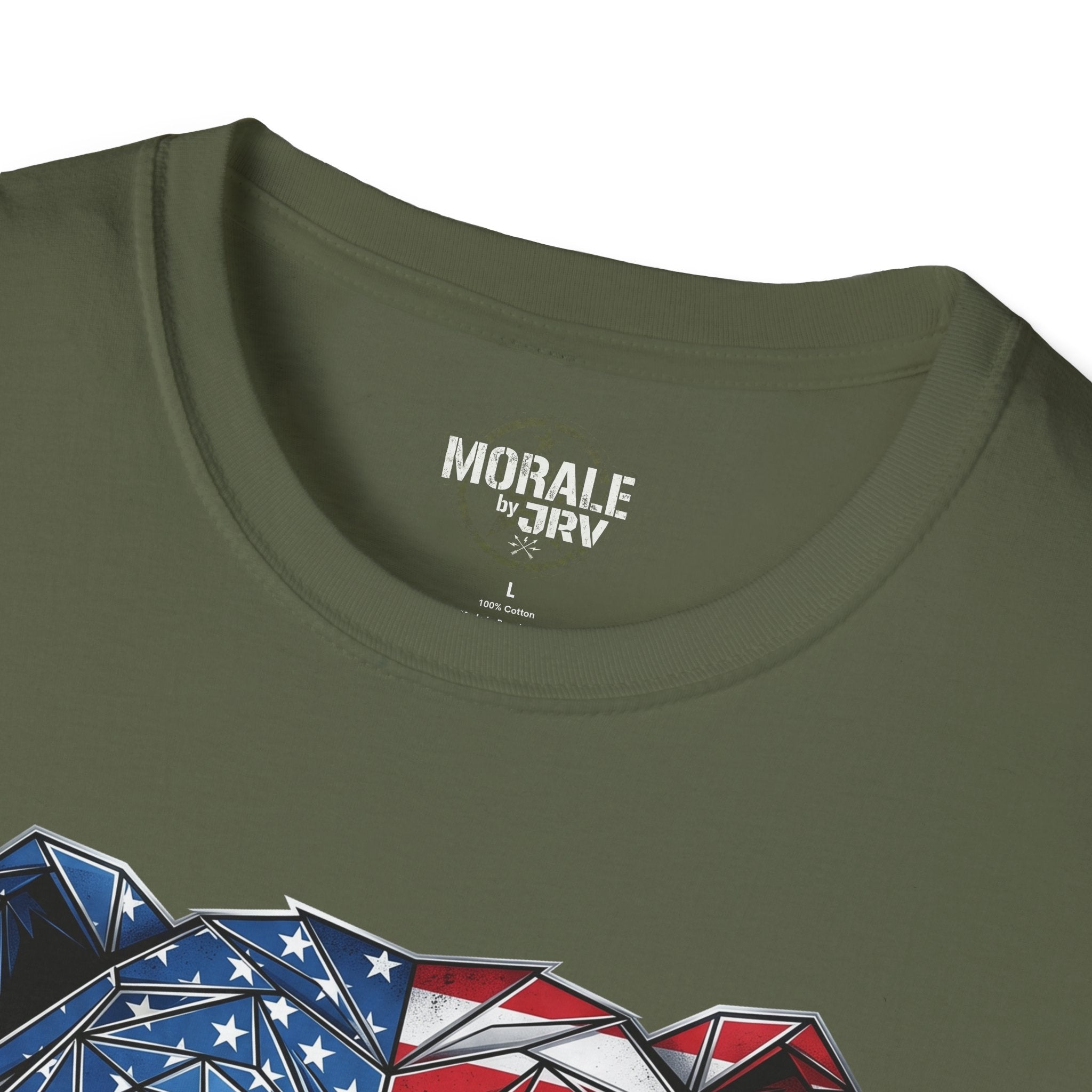 Military green crewneck T-shirt neckline logo print, fabric texture close-up