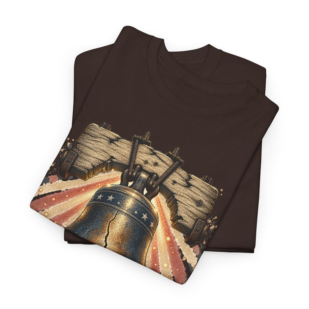 Dark chocolate crewneck T-shirt with bell and patriotic fireworks graphic across chest.