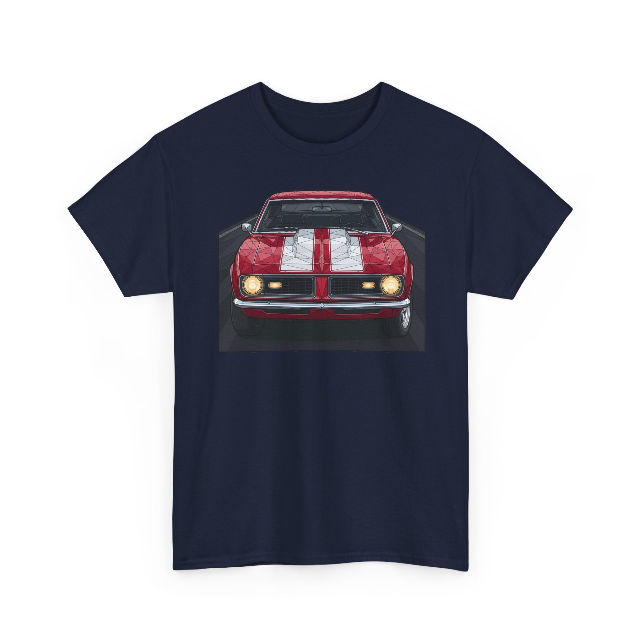 Navy muscle car graphic tee with front red car illustration