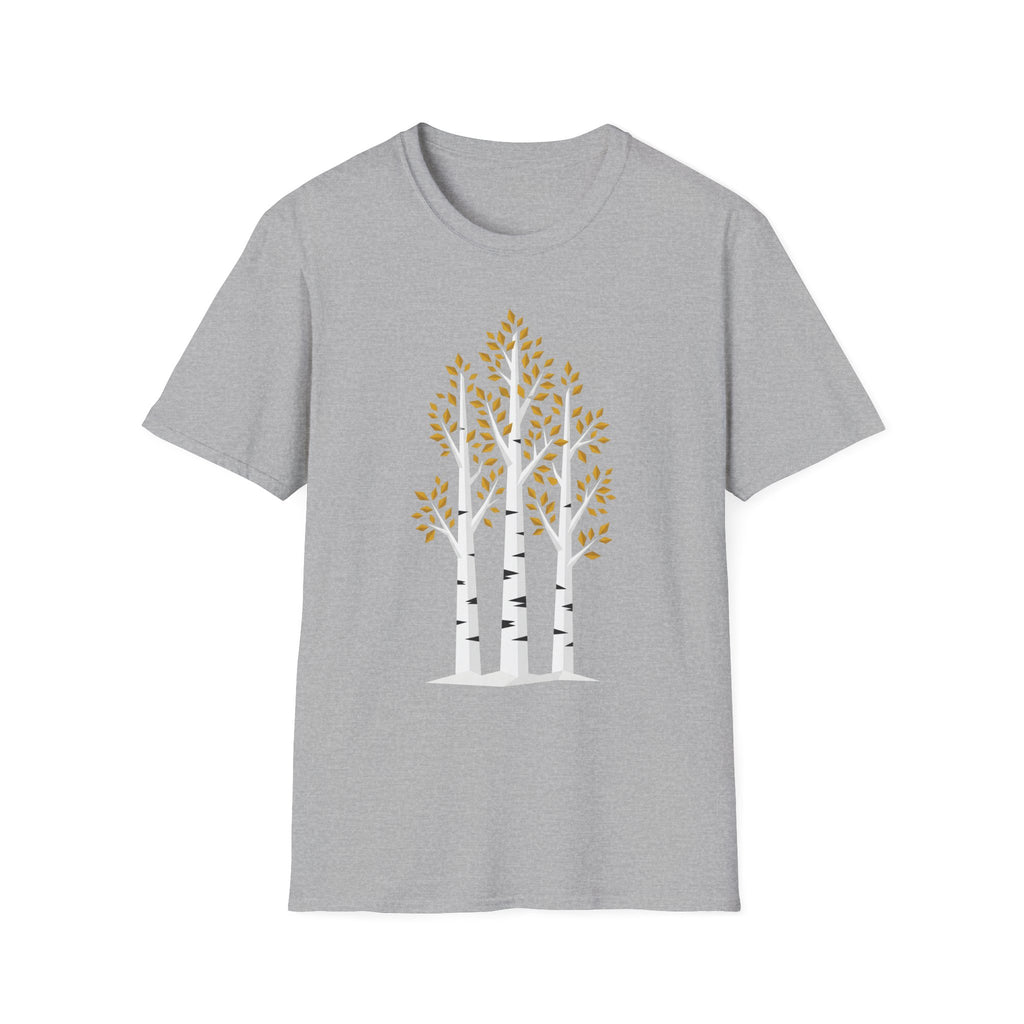 Light gray T-shirt featuring minimalist birch trees with golden autumn leaves, crew neck