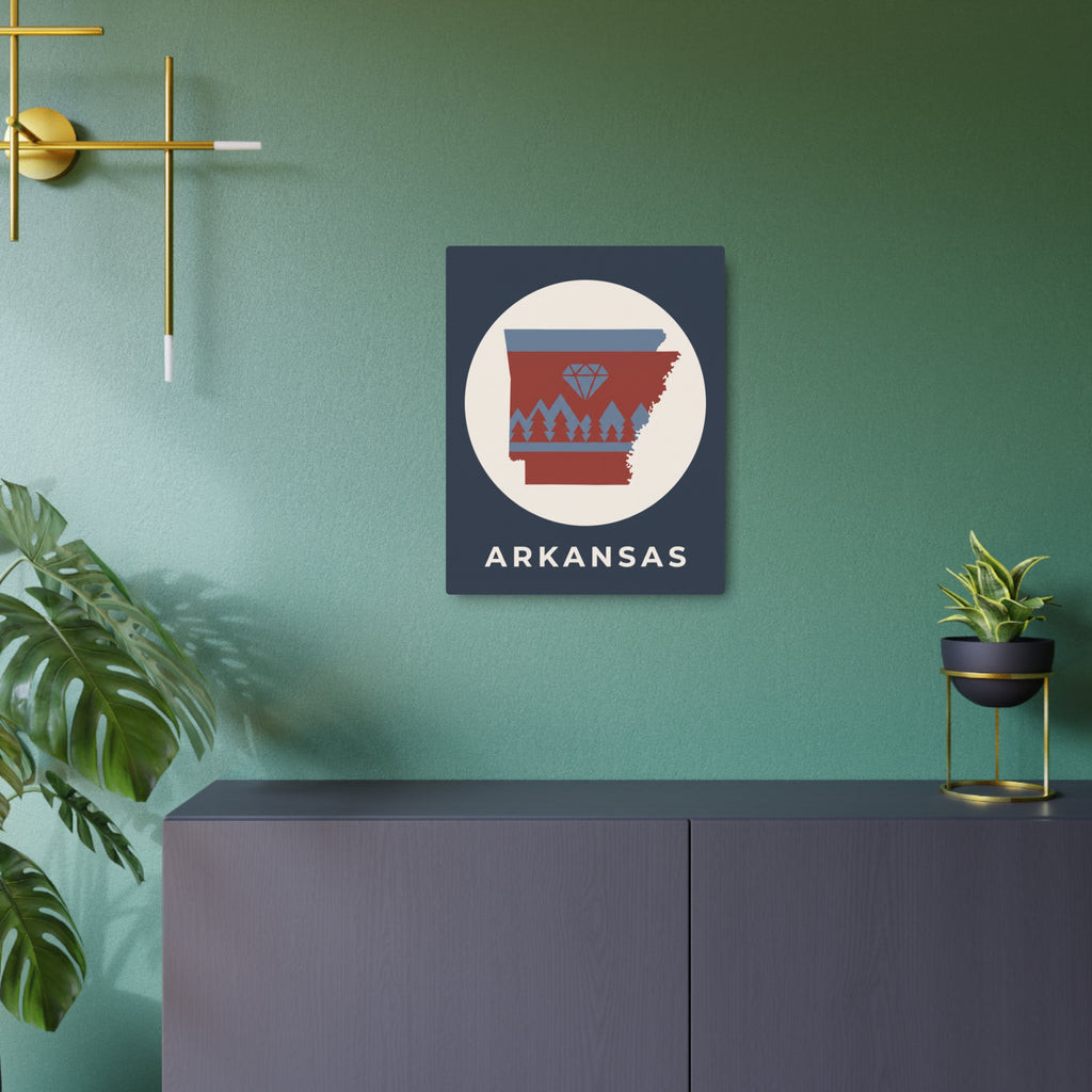 Centered Arkansas metal wall sign: blue square with circular forest diamond graphic and 'ARKANSAS'