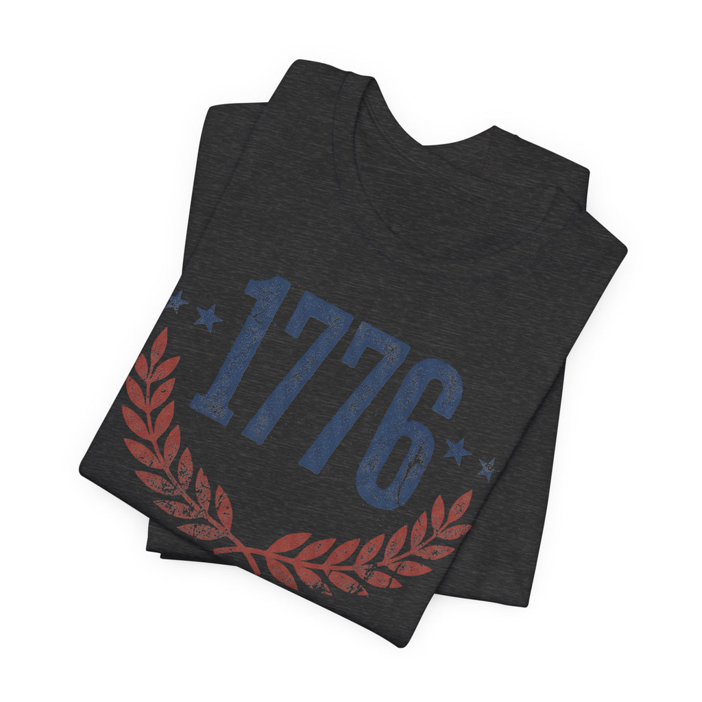 Dark gray heather T-shirt with 1776 text and laurel wreath graphic