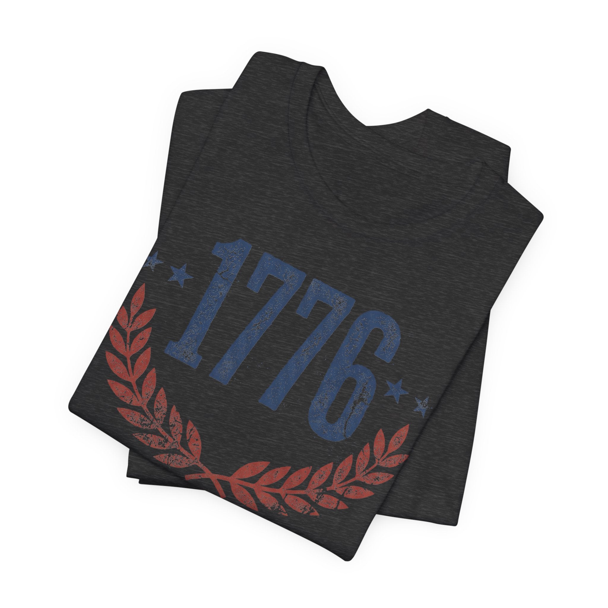 Dark gray heather T-shirt with 1776 text and laurel wreath graphic