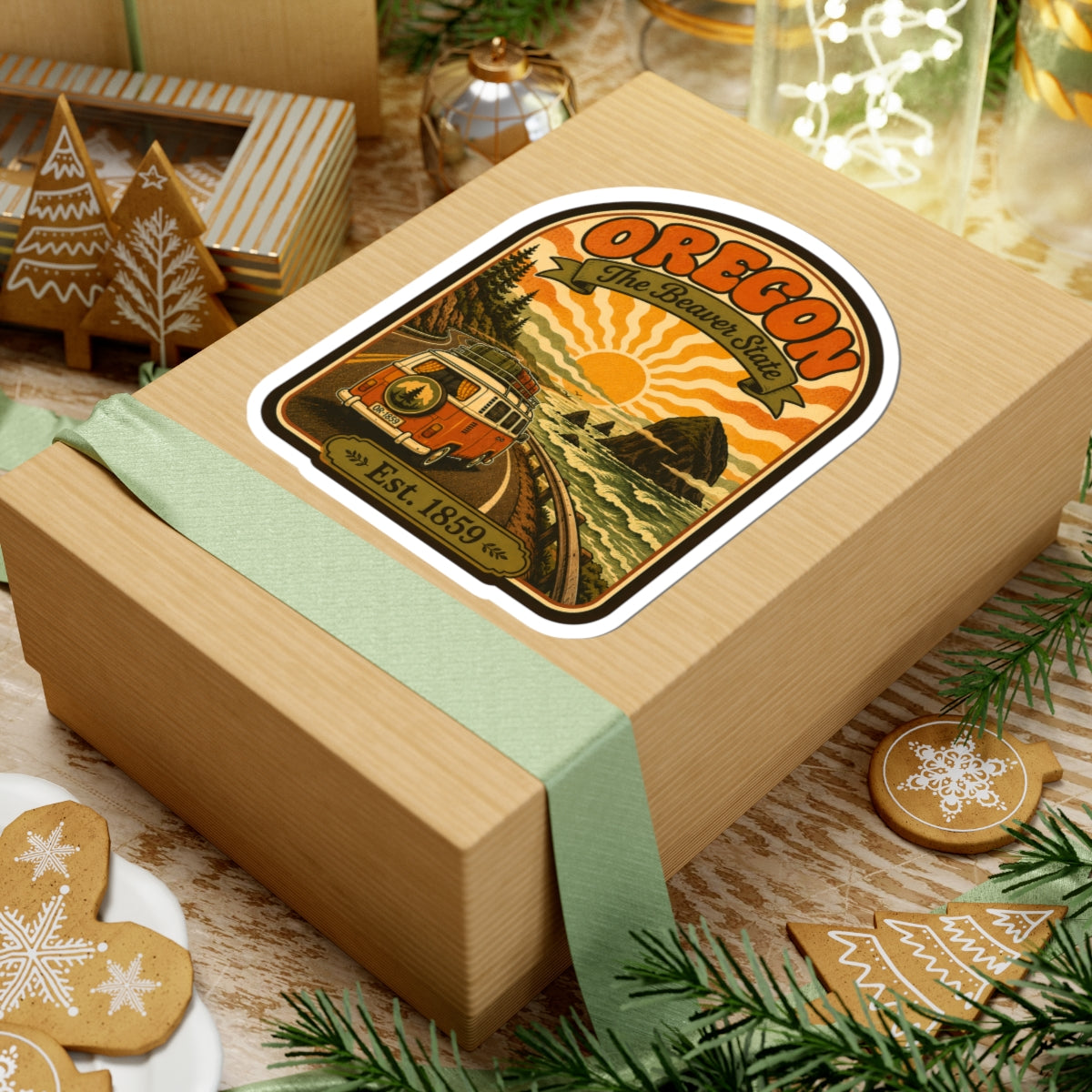 Oregon The Beaver State sticker on a wrapped gift, showing vintage van and Est. 1859