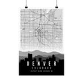 Denver Colorado skyline city map poster with road network, mountains, and lat/long coordinates